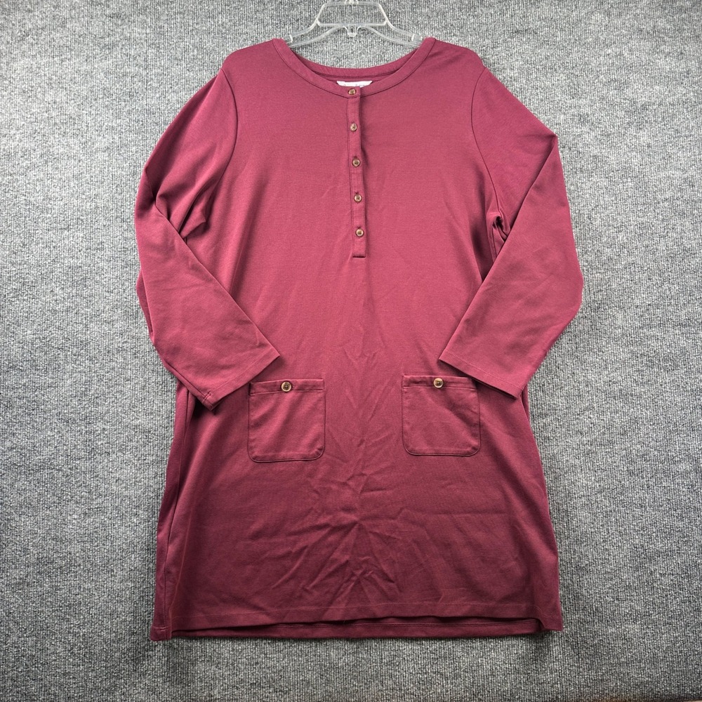 Tommy Bahama Womens XL Henley Dress Burgundy Cotton Blend Long Sleeve Pockets
